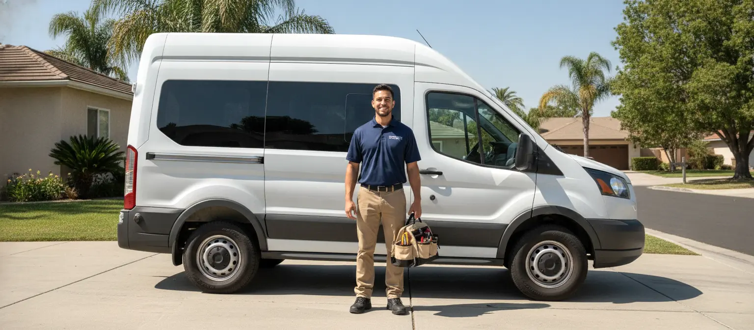 LG Dryer Repair technician with a service van in a California driveway