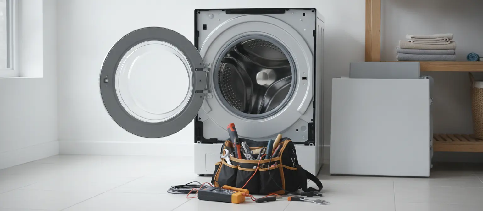 LG washer with the front panel removed for repair