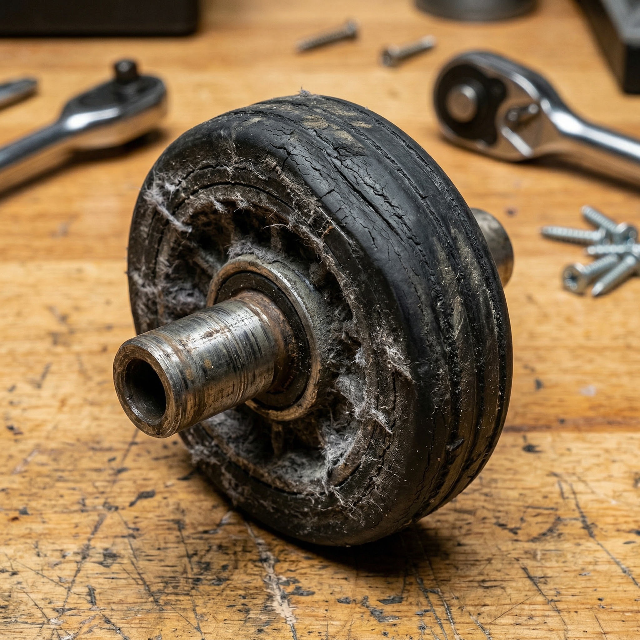 Worn damaged LG dryer drum roller before replacement