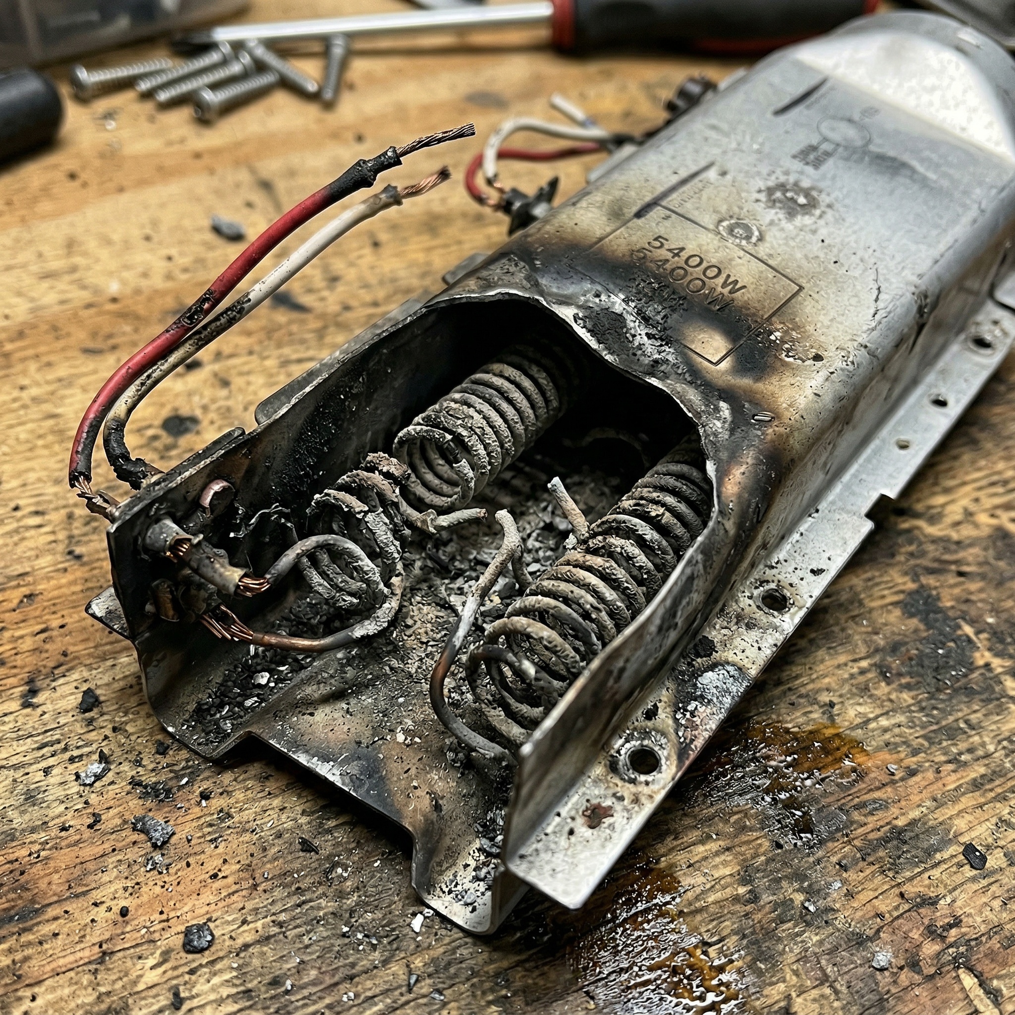 Burnt damaged LG dryer heating element before replacement